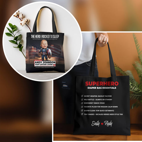 Personalized Baby Superhero Tote Bag – Custom Captain Design with Name, Photo & Quote
